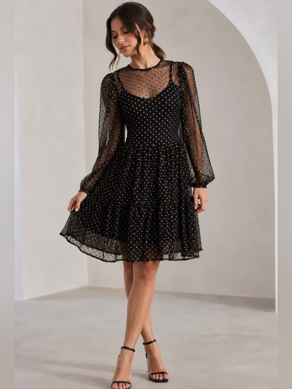 H&M Black Sheer Polka Dot Long-Sleeve Tiered Mini Dress Size Small NWT